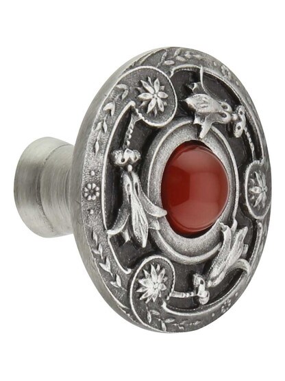 Jeweled Lily Cabinet Knob Inset with Red Carnelian - 1 1/4 inch Diameter in Antique Pewter.